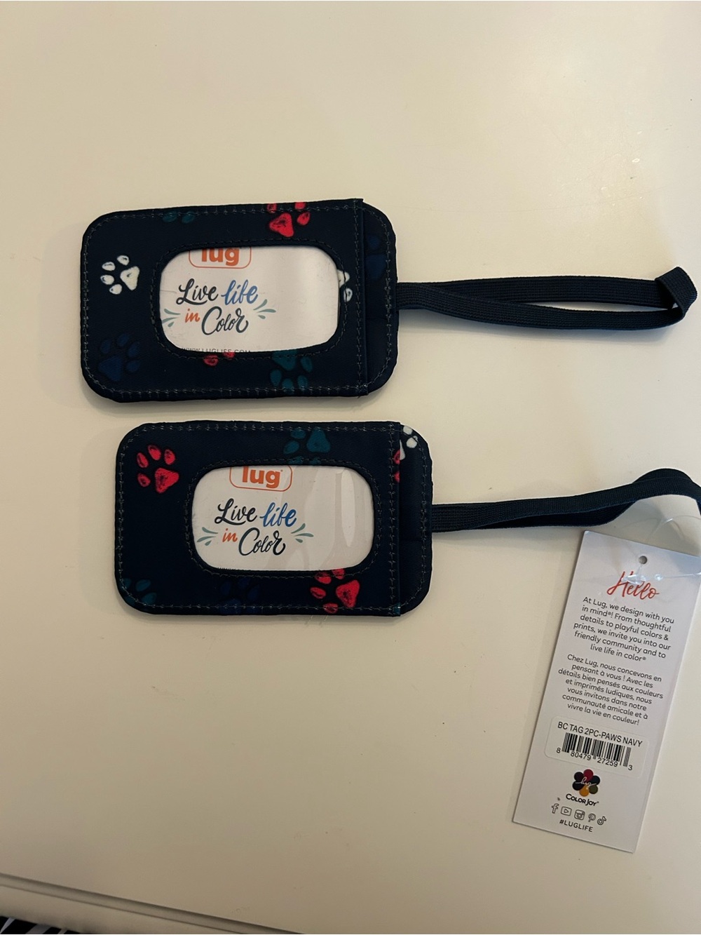 Lug Life luggage Tags set of 2- Live Life in Color Paws Navy